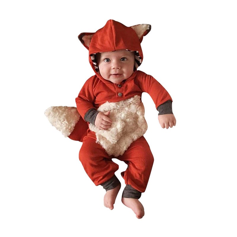 Noubeau Newborn Baby Girl Boy Halloween Cosplay Cartoon Fox Coat Fur Bodysuit Jumpsuit Hooded Playsuit Romper Outfit (12-18 Months) - Image 1